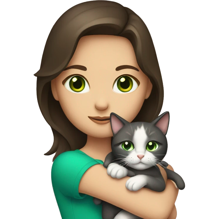 A brunette girl with green eyes holds a cat with blue eyes in her arms emoji