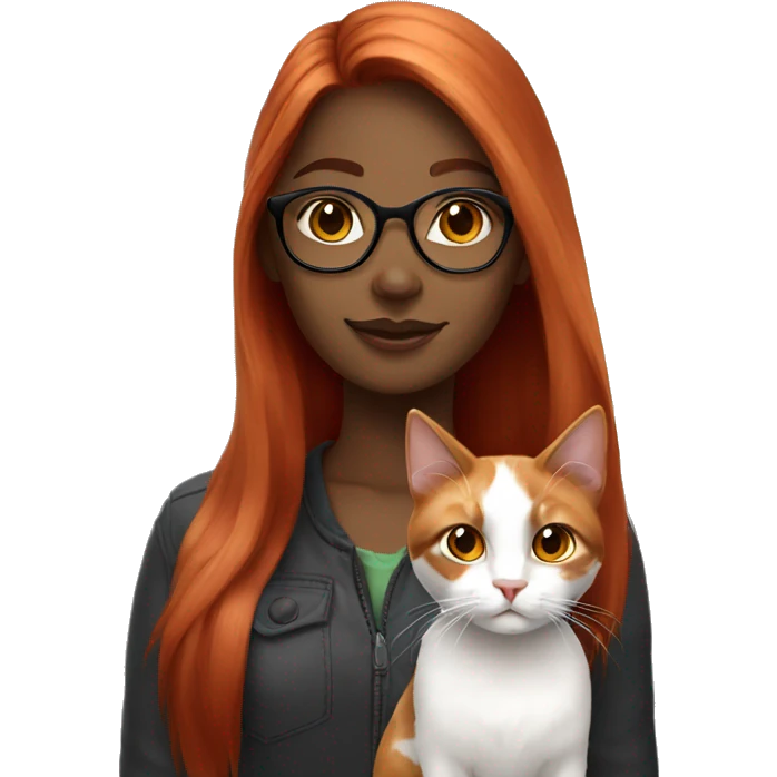 White Red head girl with glasses holding long-haired calico cat emoji