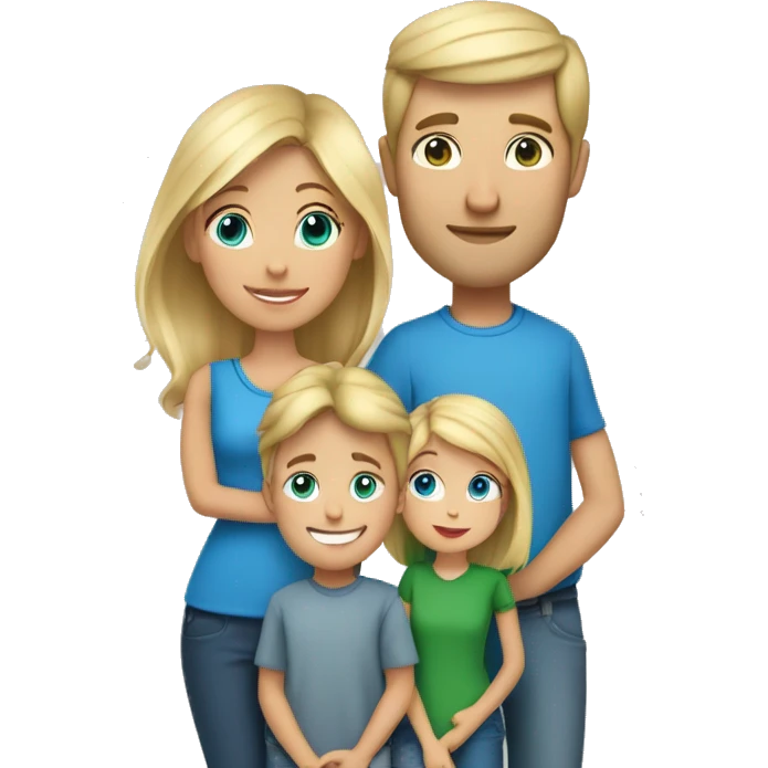 Family of 3. Dad with dirty blonde hair and blue eyes, mom with short blonde hair and green eyes, 4 year old girl with long blonde hair and blue eyes.  emoji