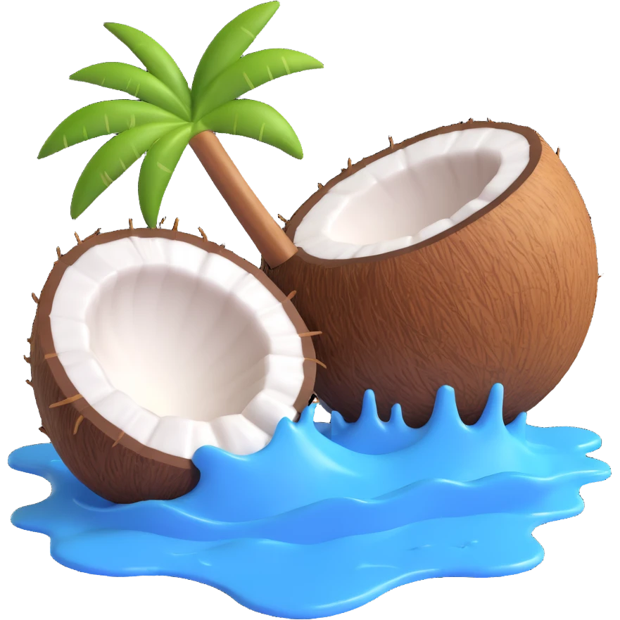 3D emoji style coconut split in half with water splashing out, simple and expressive emoji