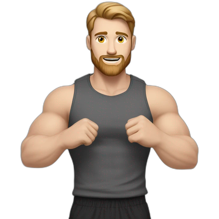 Close up Actively gesturing  with hands Pale skinned Fit Man With the biceps and brown hair in dark gray Sleeveless Mike, black oversize sports shorts, watch and white Sneakers emoji