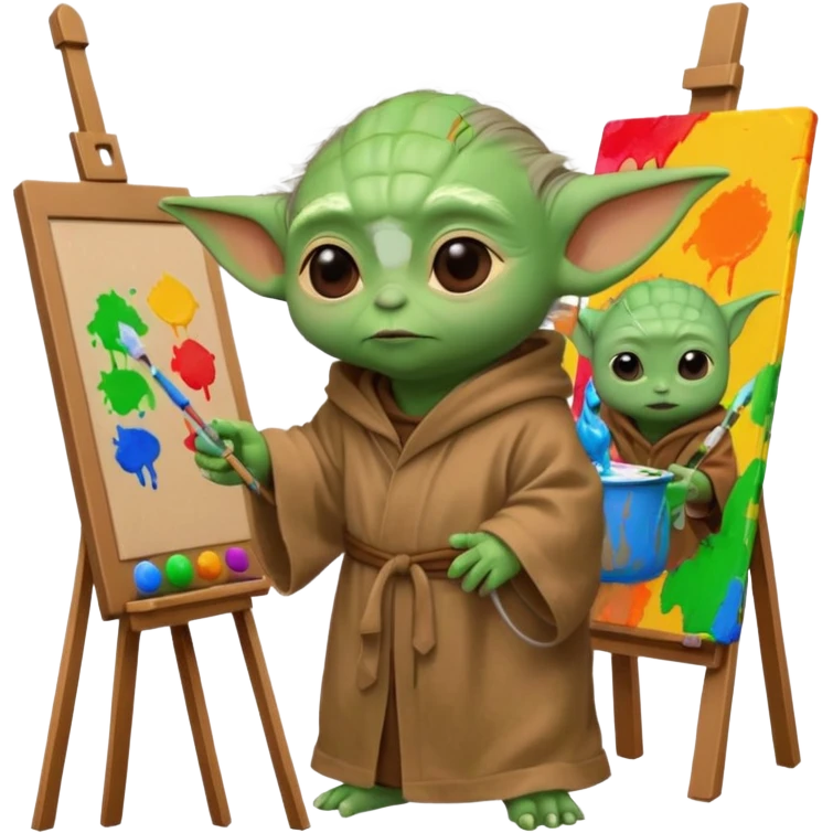 Baby Yoda in his brown robe listening music on his headphones, painting a picture on an easel and surrounded by paint pots. emoji