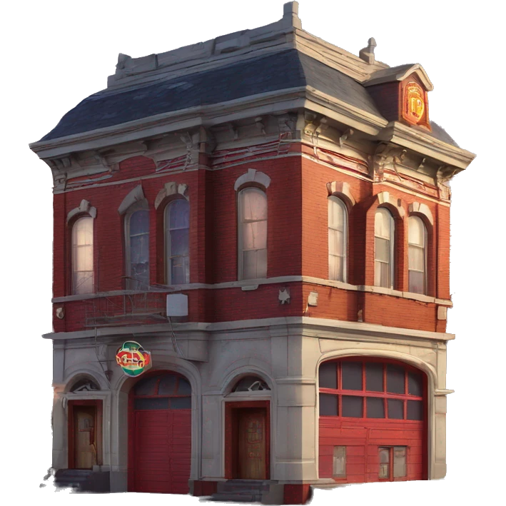 Very old dilapidated Firehouse building shaped like the Ghost Busters Firehouse with solar lights and decorative and detailed interior design  emoji