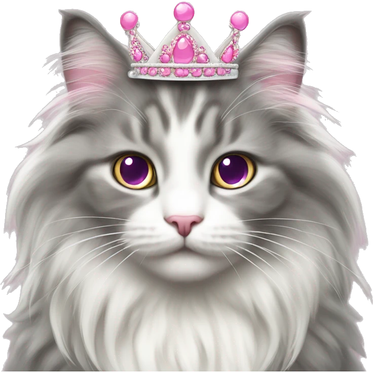Gray and white Norwegian Forest Cat with a princess tiara and pink bow emoji