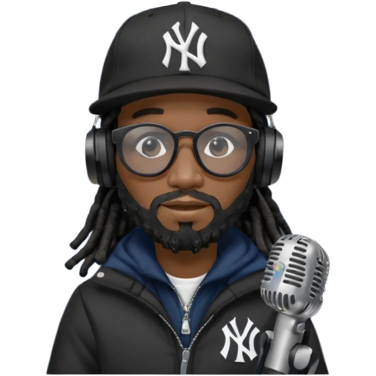 African American man with shoulder length black dreadlocks with black beard wearing black sunglasses wearing a New York Yankees logo baseball cap wearing a all dark black bubble winter coat wearing headphones rapping into recording studio microphone with a mic cover emoji