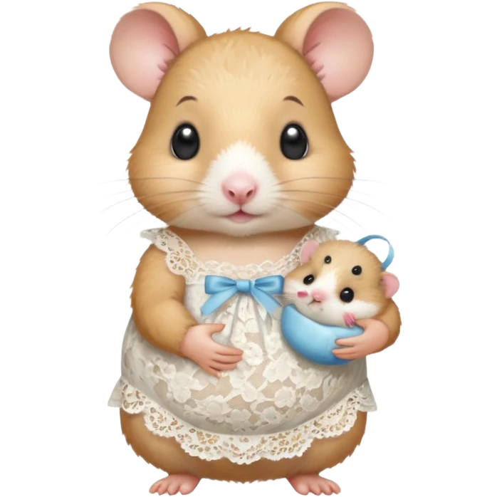 Mama white pretty hamster girl wearing lace dress holding a baby hamster wearing nappy and dummy emoji