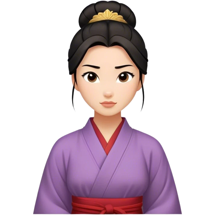 Cinematic Serene Mulan Portrait Emoji, rendered in a simplified vector style. Depict a gentle Mulan (chest and above) with warm, radiant skin, sleek dark hair pulled back in a neat bun, and a calm, thoughtful expression, wearing a simple traditional robe in muted hues. The design glows softly with an elegant, inviting light. emoji