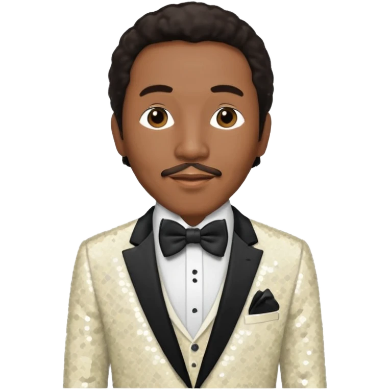 Smokey Robinson with long dark brown hair and short mustache, ivory sequin suit with bow tie  emoji