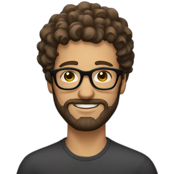 man with curly brown hair, long brown beard and black rimmed glasses emoji