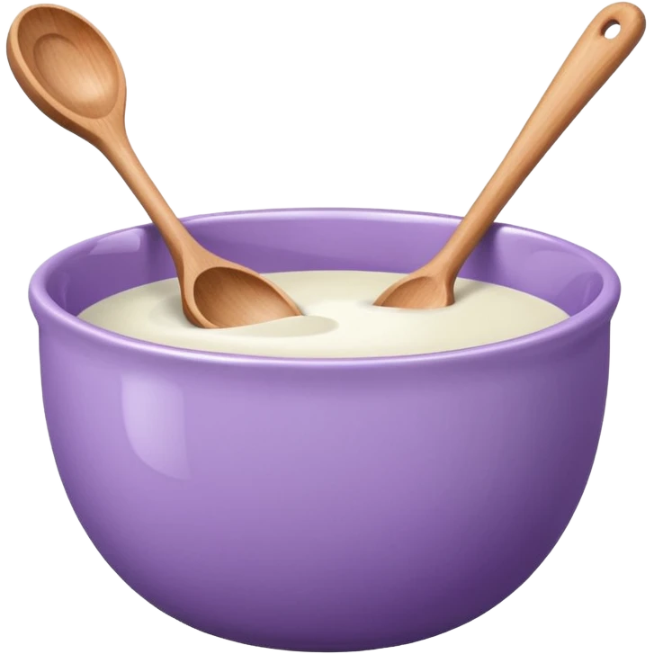 a lilac ceramic mixing bowl with a wooden spoon stirring emoji