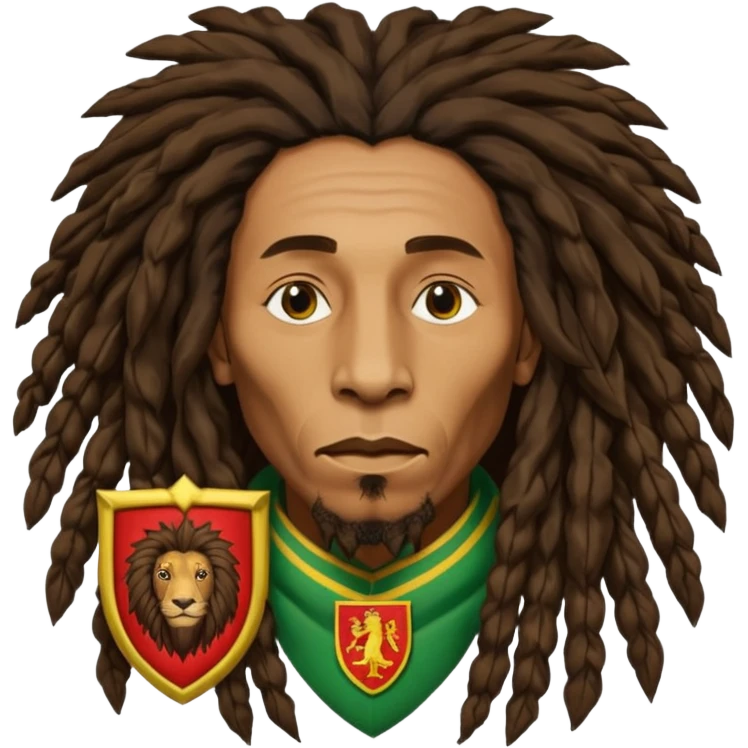 melancholic  Bob Marley with gigantic dread locks in form heraldic crest with ethiopian lion emoji