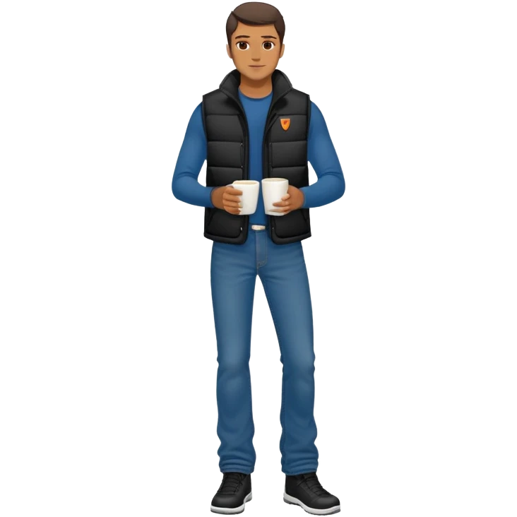 full body man with plain black puffy winter vest with no pockets over long sleeved shirt wearing straight levi boot cut levi blue jeans with no cuffs and tennis shoes holding coffee mug in his hand emoji