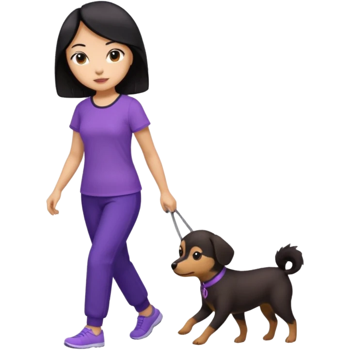 black hair Chinese woman wearing purple top and black pants walking one small brown dog emoji