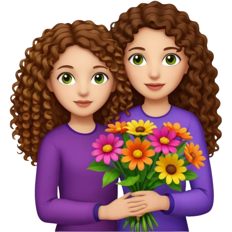 light skinned brunette long curly haired woman with green/hazel eyes holding big bright bunch of flowers with one hand and daughter's hand (also with long brown curly hair) in other. White background. emoji