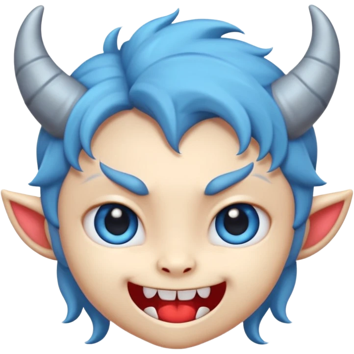 Cute demon cartoon emoji character, chibi proportions, small horns, mischievous smile, big expressive eyes, soft rounded face, tiny fangs, stylized hair, clean smooth shading, simple shapes, friendly not scary,  emoji