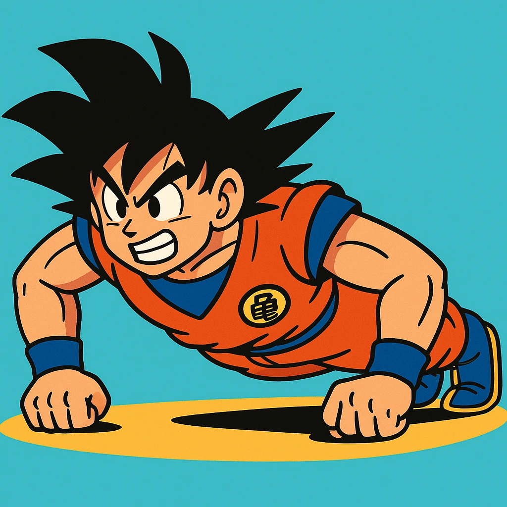 Goku from Dragon Ball Z doing push ups in vibrant cartoon style emoji