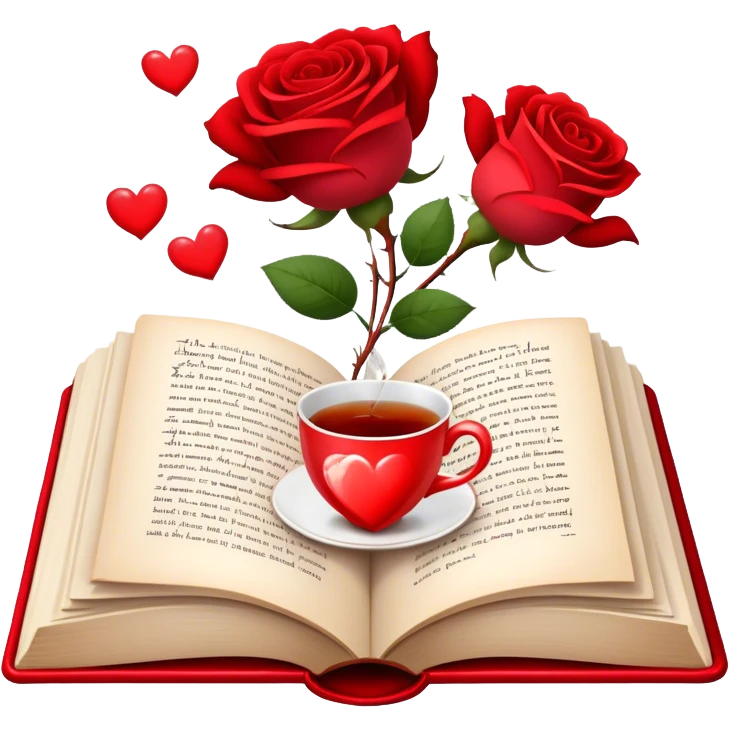 Icon for Romance Reading: an open book with a heart-shaped bookmark, surrounded by roses, a love letter, and a cup of tea, with small hearts and Cupid with bow and arrows flying out of the pages. Transparent background. emoji