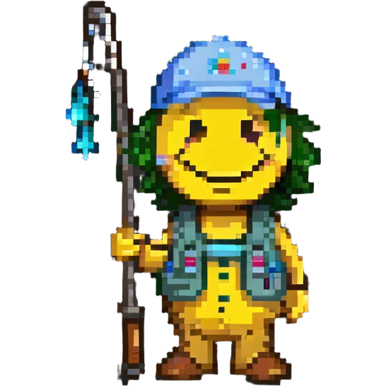smiley face holding a fishing pole and wearing a fishing cap emoji
