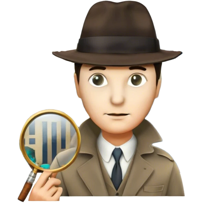 A colorful collage featuring iconic detective elements—magnifying glass, a fedora hat, a cigarette, a shadowy figure, and a mysterious city backdrop, a board with photos of suspects. Include subtle clues like fingerprints or a crime scene. Retro movie poster style. Transparent background. emoji