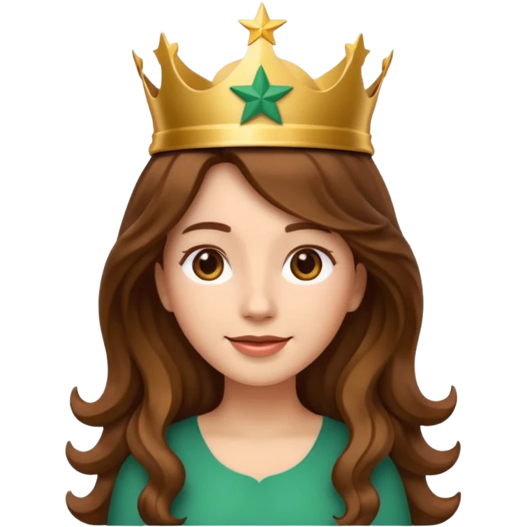 Apple style 3D emoji of a young woman inspired by the Starbucks logo. She has long wavy hair on both sides, a crown with a star on her head, and a soft smile. Smooth, shiny, simple emoji look. emoji