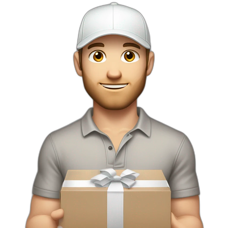 Pale skinned fit Man with dark brown hair in a light gray cap, dark brown jeans, brown polo and white T-shirt keeping a pasted with tape white box into his hands emoji