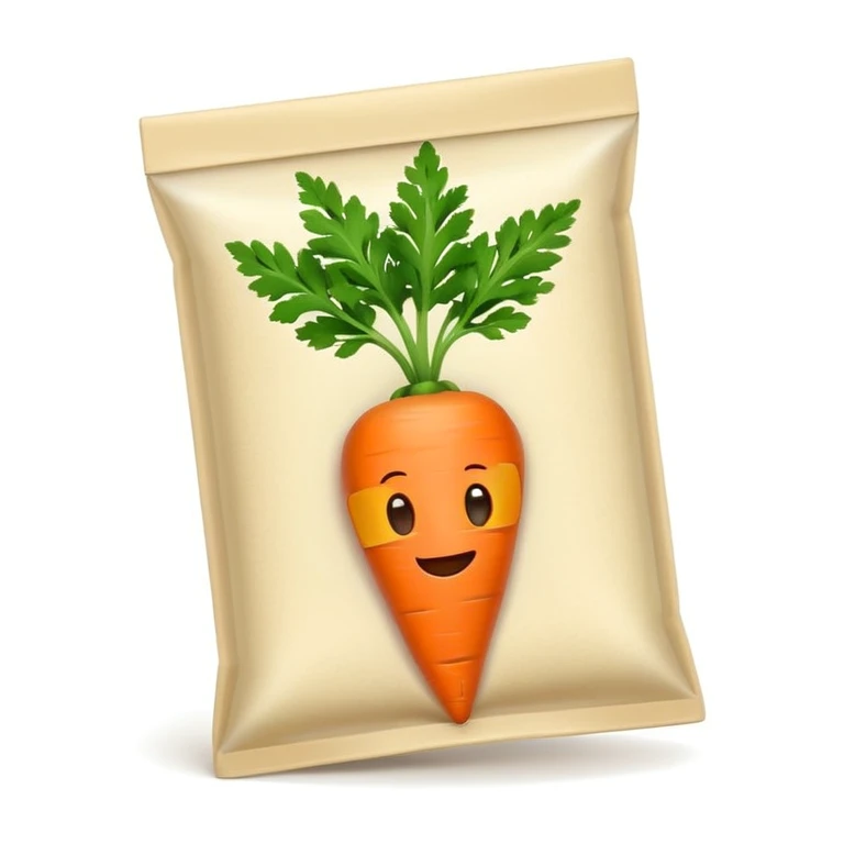emoji-style carrot seed pack, small white seed packet, orange carrot with green leaves, friendly cartoon face, minimal design, outlined, soft shadow emoji