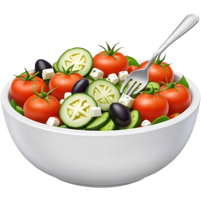 mediterranean salad bowl object icon, tomatoes, cucumbers, olives, feta cheese, olive oil dressing, 3D cartoon, mobile game icon style, clean background, no text, no watermark
 emoji