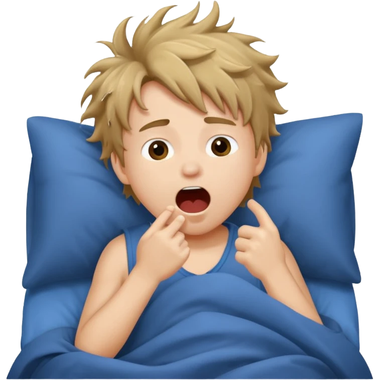 emoji- of a cute boy waking up in bed. He is yawning or rubbing his eyes.  emoji