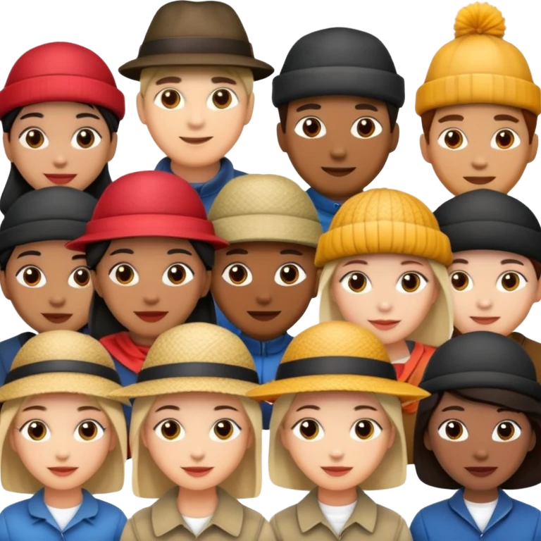 diverse group of people, each with a unique hat emoji