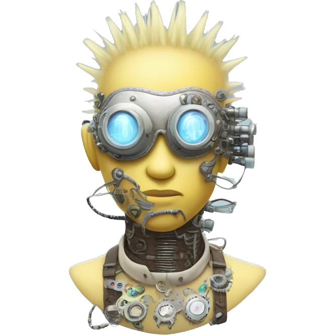 Pastel light yellow Mohawk cyborg head with silver steampunk goggles, goatee and circuits emoji