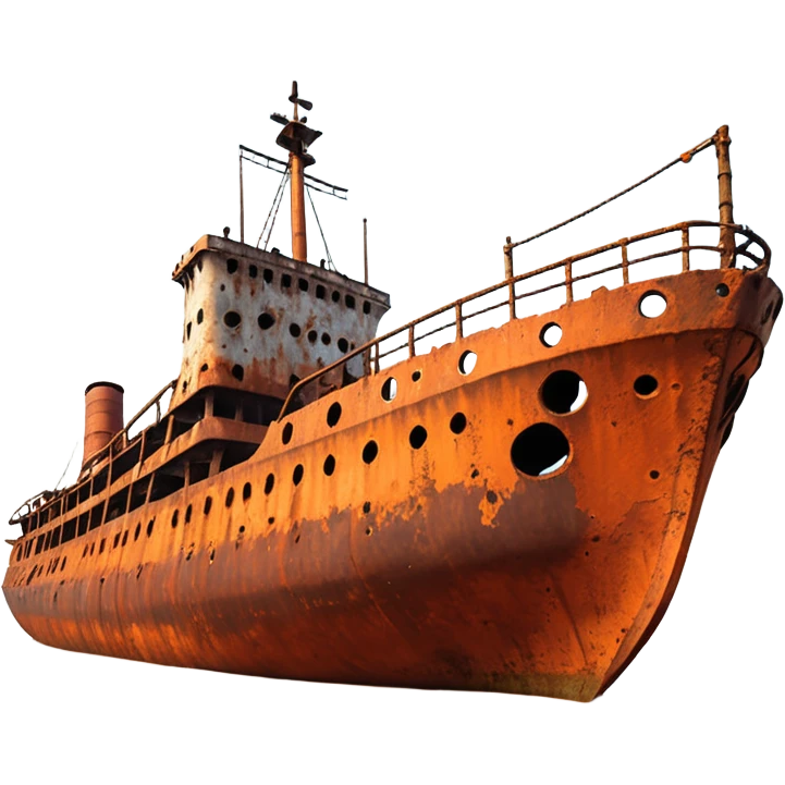 rusted ship wreck, heavily corroded metal hull, orange-brown rust textures, abandoned old ship, weathered surface, dramatic lighting, cinematic atmosphere, 3D cartoon style, mobile game environment art, clean composition, no people, no text, no watermark
 emoji