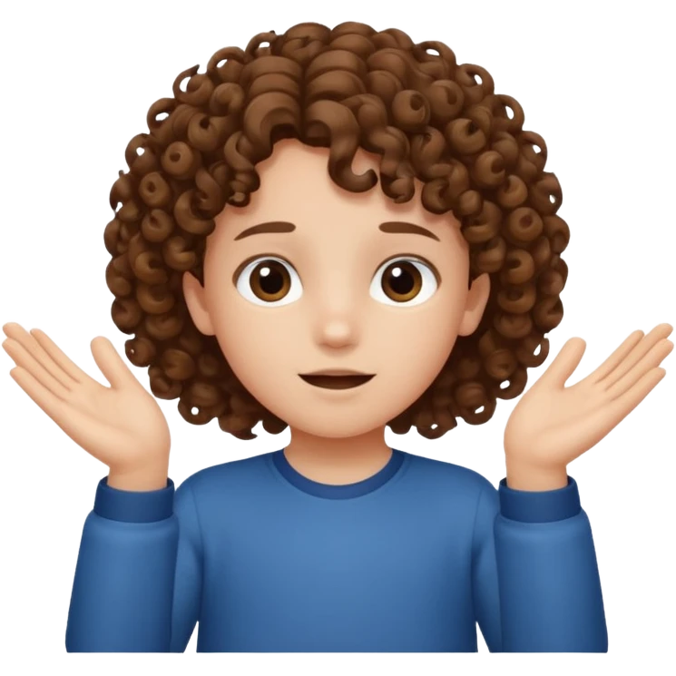 A kid with curly hair with both hands facing up saying 67 emoji