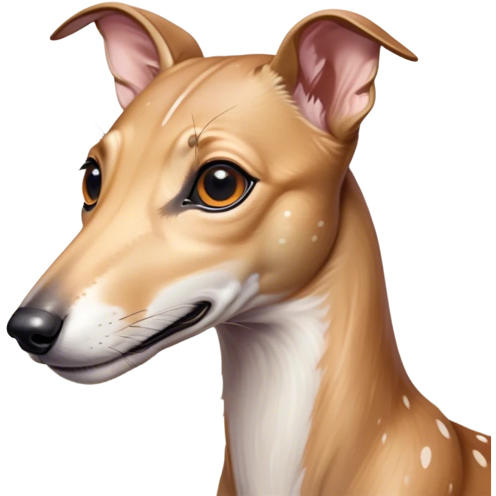 Cinematic Cute Fawn Greyhound Portrait Emoji, Head tilted playfully and inquisitively, featuring a sleek fawn Fur with a gentle sheen, round, sparkling eyes filled with curiosity, Simplified yet irresistibly adorable features, highly detailed, glowing with a warm, friendly glow, high shine, affectionate and nimble, stylized with a touch of whimsy, bright and endearing, soft glowing outline, capturing the essence of a mischievous yet loving racer, so playful it feels like it could sprint out of the screen and into your arms! emoji