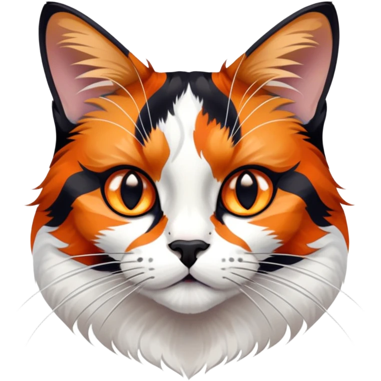 cinematic-noble-calico-cat-portrait-emoji,-poised-and-regal,-with-a-striking-patchwork-fur-in-vibrant-orange,-black,-and-white-hues,-delicate-whiskers-and-a-refined,-focused-gaze,-simplified-yet-exquisitely-detailed,-glowing emoji