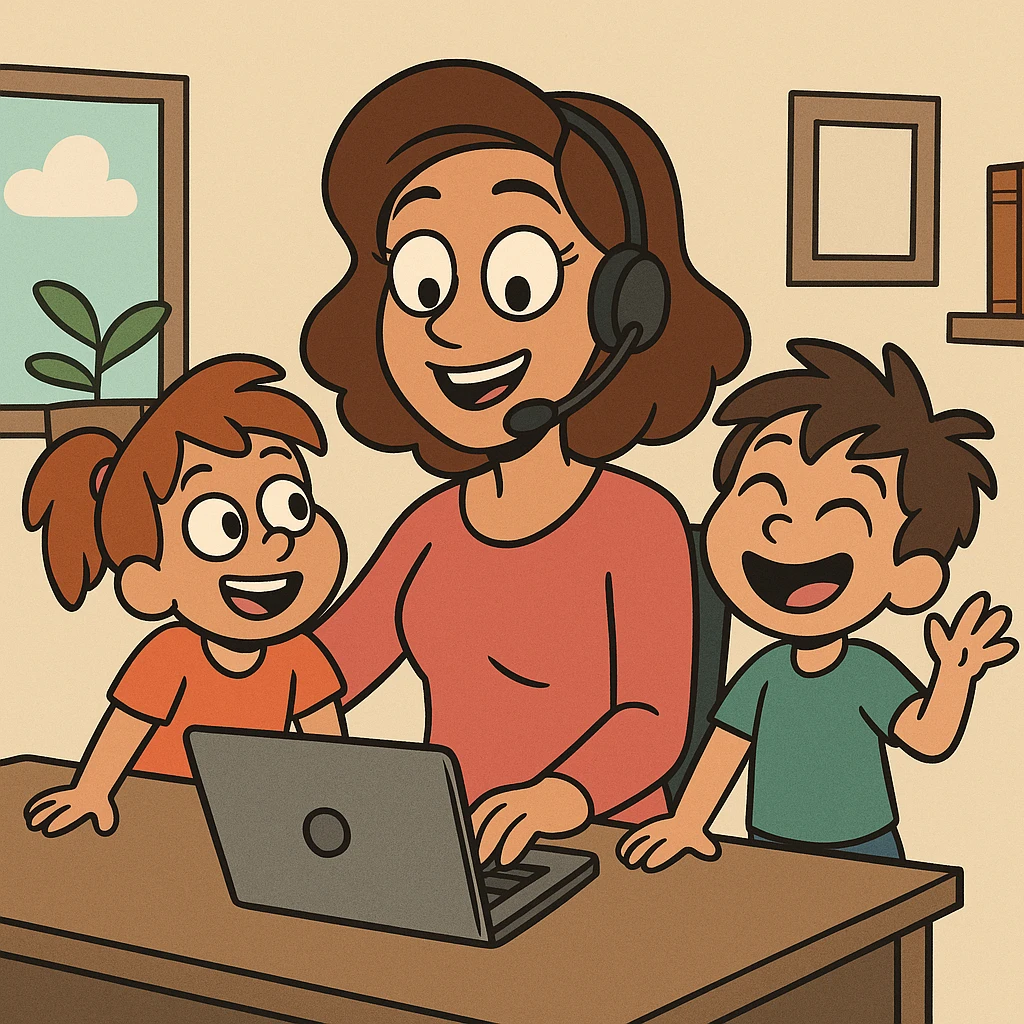 work from home mom with daughter and son, playful, cartoon style emoji