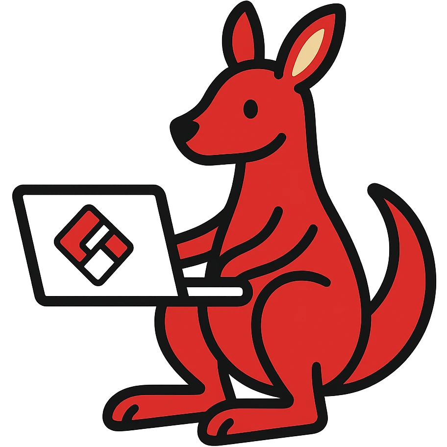 stylized kangaroo with a laptop, modern and techy, red and white YouTube color scheme, Microsoft Power Pages theme icon emoji