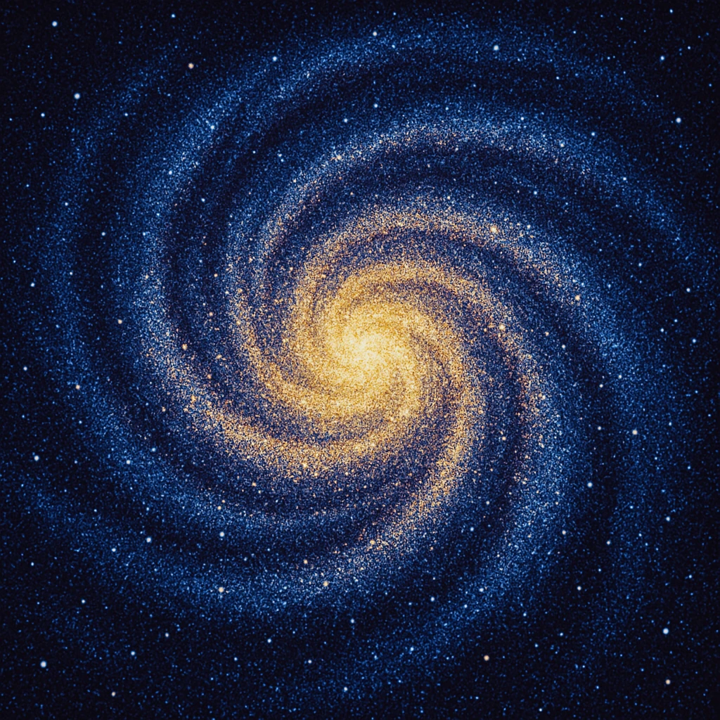 An abstract swirling galaxy pattern formed by thousands of dots ranging from deep blues and purples to bright yellows and whites emoji