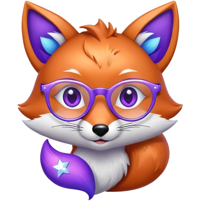 A whimsical fox with sparkling purple-blue fur, a glowing tail, a silver star on its forehead, and round glasses, with heart-shaped eyes, looking in love. 🦊😍 emoji