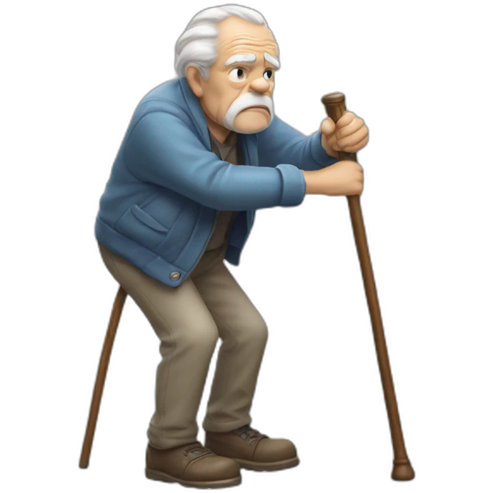Old man leaning on a walking cane and holding his crancky back with his hand, grumpy face, detailed emoji