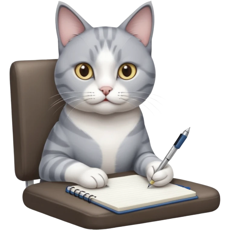 grau weiße Katze sitzt auf einem Sessel mit Stift und Block in der Hand emoji