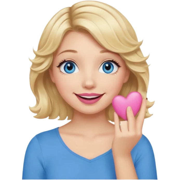 Girl Blonde short wavy hair,  blue eyes, cute blue top, long lashes, pink lips, smiling, hand covering the mouth emoji