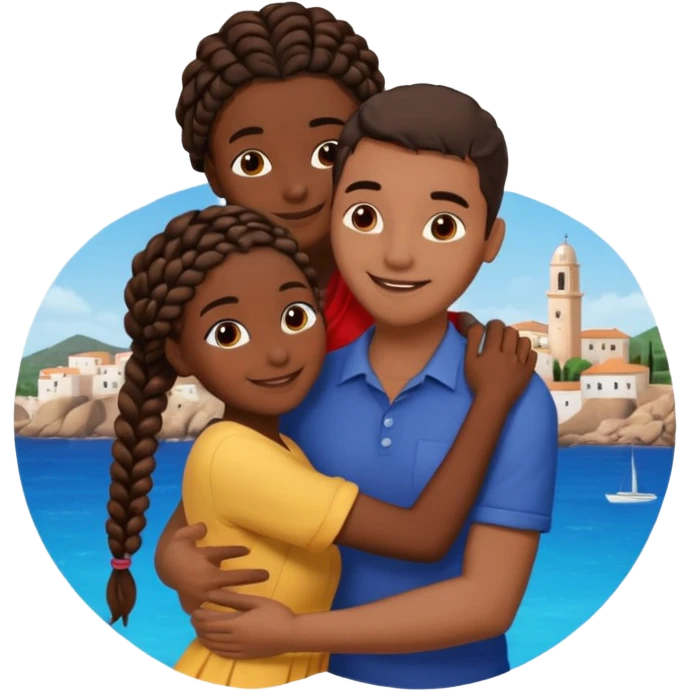 dark skin, black girl with black and brown braids, hugging her Mediterranean boyfriend with brown hair and dark skin emoji