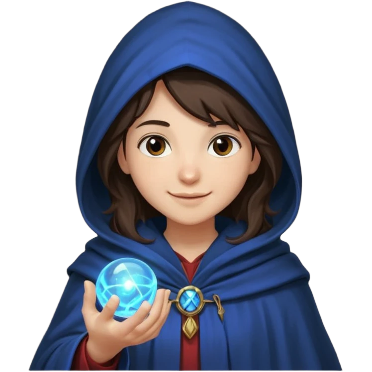 A teen brunette mage with tousled hair, holding a tiny glowing orb and smiling confidently. emoji