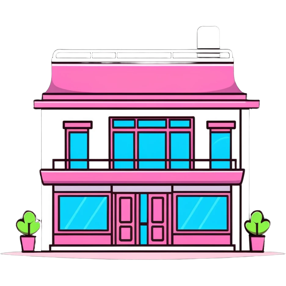 magnifying glass over a beauty salon building emoji