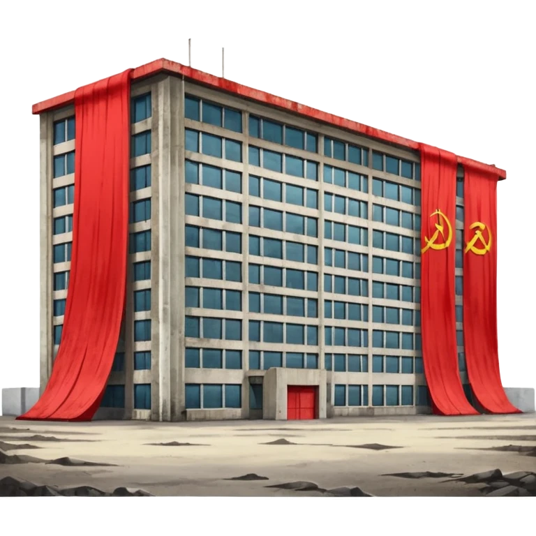 Soviet heavy equipment plant building, concrete structure, large windows, red banners, no people, no machinery outside emoji