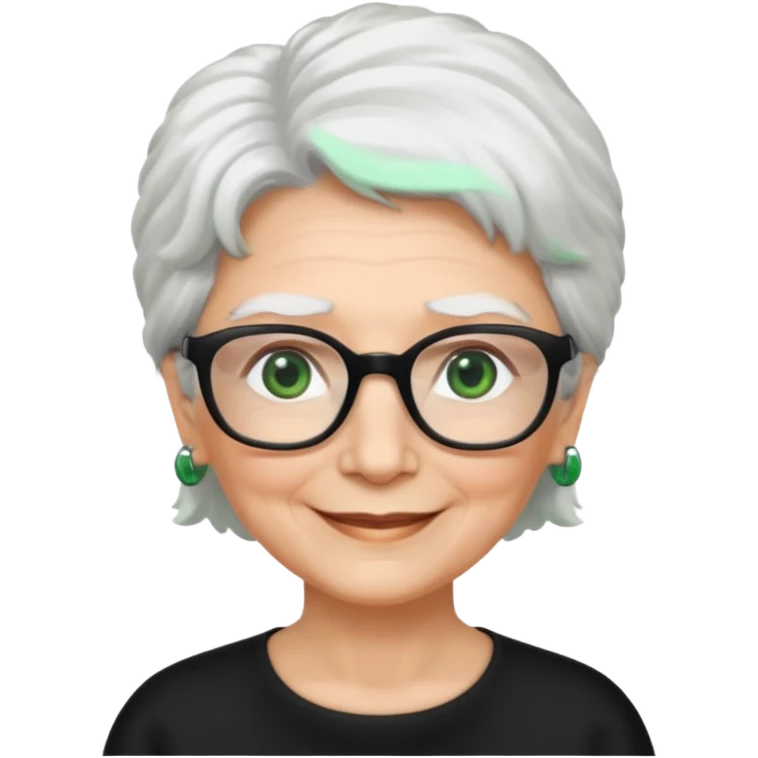 White hair grandma, green eyes, hair to shoulder, lokeg black glasses, rectangles face, smile , emoji