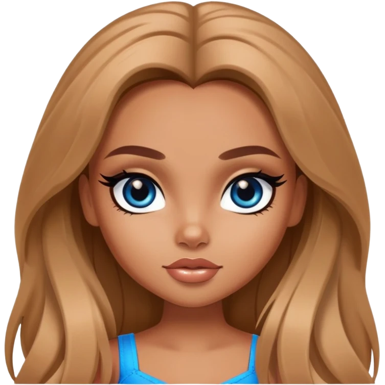 pretty bratz girl, tan skin, light brown long hair, blue eyes, black eyeliner emoji