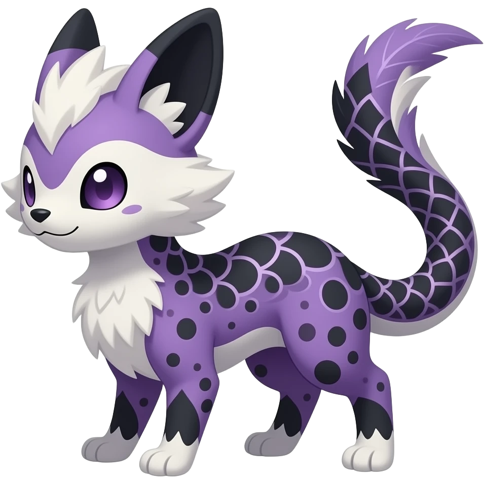 Grunge-patterned speckle-patterned feathery elegant realistic Furry, feathery fluffy tropical flecked painted feathery scaly, Purple, white, black, Minccino-Bambino-Lykoi-Linoone-Zangoose-fusion-hybrid-animal-Fakémon-creature, full body, thin long sleek scaly tail, intricate markings emoji