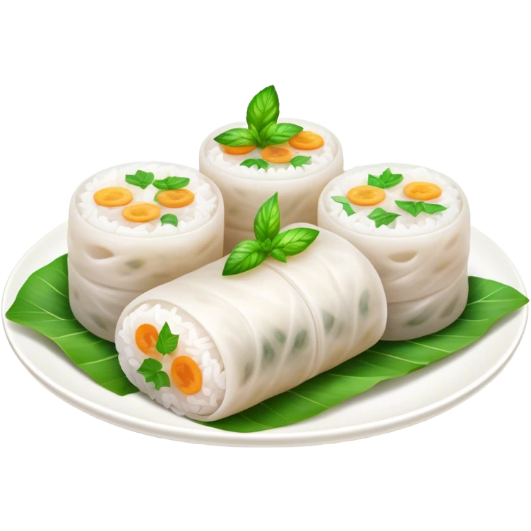 Bánh Cuốn Cinematic Realistic Bánh Cuốn Dish Emoji, depicted as delicate steamed rice rolls garnished with chopped mint on top, rendered with lifelike textures and fresh, vibrant lighting. emoji