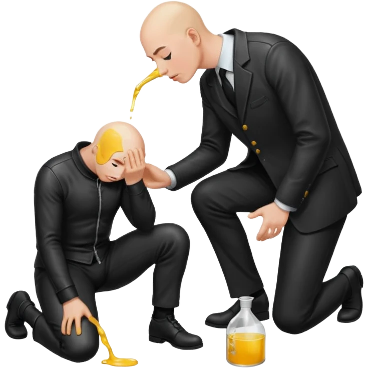 Bald man on his knees submissive to tall, standing man in leather, pouring piss down his throat emoji